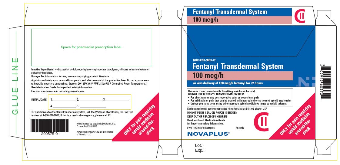 NDC 0591-3603-72 Fentanyl Transdermal System 100 mcg/h In vivo delivery of 100 mcg/h fentanyl for 72 hours Five (100 mcg/h) Systems Rx only CII NOVAPLUS®