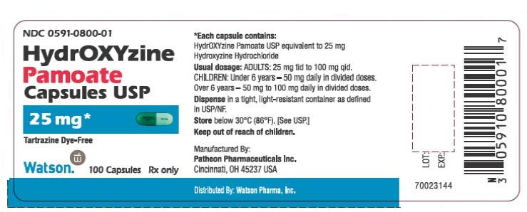 NDC 0591-0800-01 HydrOXYzine Pamoate Capsules USP 25 mg* Tartrazine Dye-Free Watson 100 Capsules Rx only