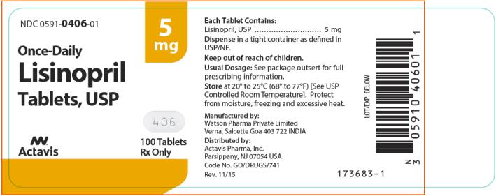 NDC 0591-0406-01 Lisinopril Tablets, USP 100 Tablets Rx Only