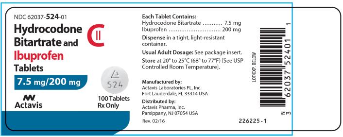 PRINCIPAL DISPLAY PANEL NDC 62037-524-01 Hydrocodone Bitartrate and Ibuprofen Tablets 7.5 mg/200 mg 100 Tablets Rx Only