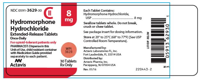 PRINCIPAL DISPLAY PANEL NDC 0591-3629-30 Hydromorphone Hydrochloride Extended-Release Tablets Once daily 8 mg 30 tablets Rx Only