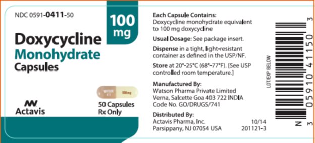 Doxycycline Monohydrate Capsules NDC 0591-0411-50 Bottle x 50 Capsules