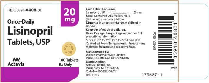 NDC 0591-0408-01 Lisinopril Tablets, USP 100 Tablets Rx Only