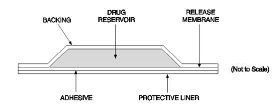 1) a backing layer of polyester film; 2) a drug reservoir of fentanyl and alcohol USP gelled with hydroxyethyl cellulose; 3) an ethylene-vinyl acetate copolymer membrane that controls the rate of fentanyl delivery to the skin surface; and 4) a fentanyl containing silicone adhesive. Before use, a protective liner covering the adhesive layer is removed and discarded.