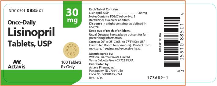 NDC 0591-0885-01 Lisinopril Tablets, USP 100 Tablets Rx Only
