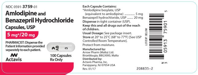 PRINCIPAL DISPLAY PANEL NDC 0591-3759-01 Amlodipine and Benazepril Hydrochloride Capsules, USP 5 mg/20 mg 100 Capsules Rx Only