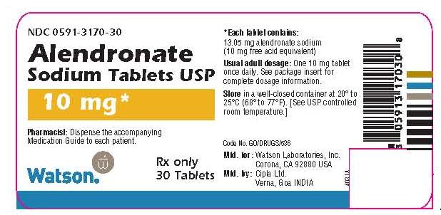 NDC 0591-3170-30 Alendronate Sodium Tablets USP 10 mg* Watson® Rx only 30 Tablets
