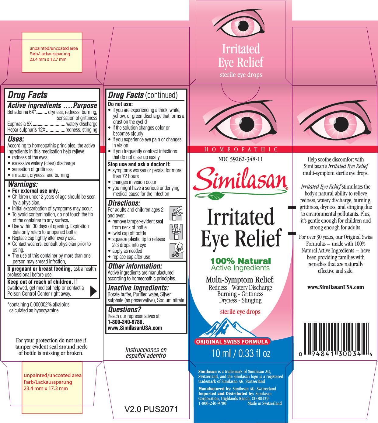 Prinicipal Display Panel Homeopathic NDC 59262-348-11 Similasan Irritated Eye Relief sterile eye drops