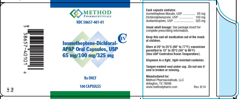 PRINCIPAL DISPLAY PANEL NDC 58657-401-01 Isometheptene-Dichloral- APAP Oral Capsules, USP 65 mg/100 mg/325 mg Rx ONLY 100 CAPSULES