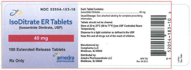 Product Label
NDC 52054-183-10
IsoDitrate ER Tablets
(Isosorbide Dinitrate, USP)
40 mg
100 Extended Release Tablets
Rx Only     amedra pharmaceuticals 