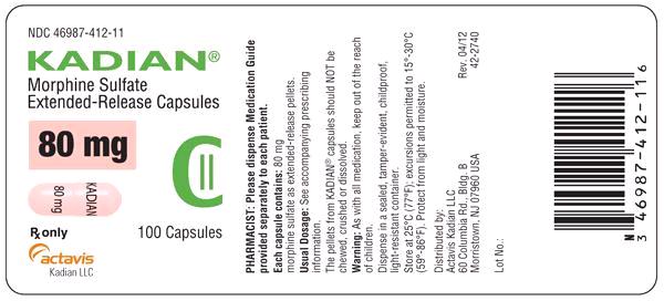 KADIAN 80 mg Bottle Label x 100 capsules NDC 46987-412-11