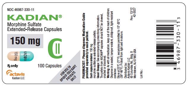 KADIAN 150 mg Bottle Label x 100 capsules NDC 46987-330-11