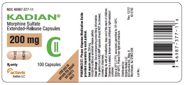 KADIAN 200 mg Bottle Label x 100 capsules NDC 46987-377-11