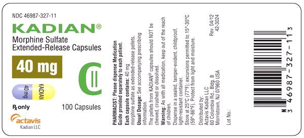 KADIAN 40 mg Bottle Label x 100 capsules NDC 46987-327-11
