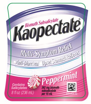 Bismuth Subsalicylate
Kaopectate® 
Multi-Symptom Relief
•	Anti-Diarrheal
•	Upset Stomach Reliever
Contains Salicylates
Peppermint
262 mg bismuth subsalicylate per 15 mL
8 fl oz (236 mL)
