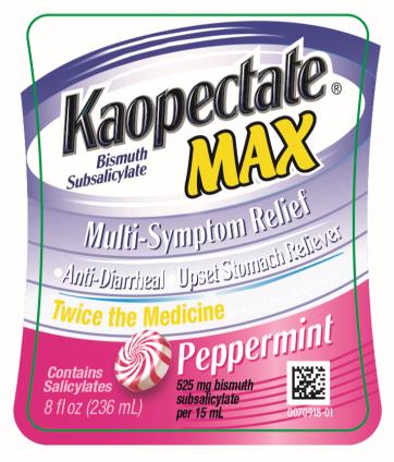 Kaopectate®
MAX
Bismuth Subsalicylate 
Multi-Symptom Relief 
•	Anti-Diarrheal
•	Upset Stomach Reliever
Twice the Medicine
Contains Salicylates
Peppermint
525 mg bismuth subsalicylate per 15 mL
8 fl oz (236 mL)
