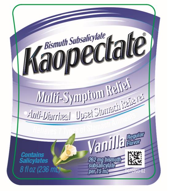 Bismuth Subsalicylate
Kaopectate® 
Multi-Symptom Relief
•	Anti-Diarrheal
•	Upset Stomach Reliever
Contains Salicylates
Vanilla
Regular Flavor
262 mg bismuth subsalicylate per 15 mL
8 fl oz (236 mL)
