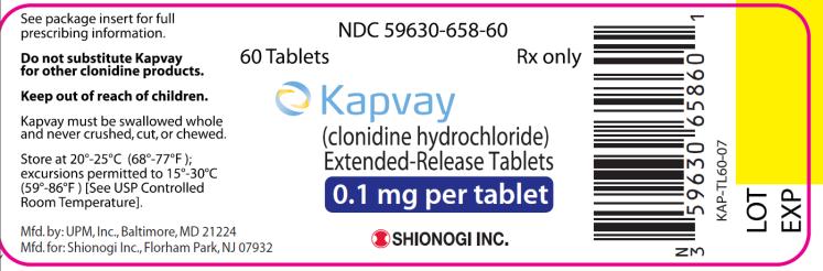 NDC 05630-658-60
60 Tablets Rx only
Kapvay 
(clonidine hydrochloride)
Extended- Release Tablets 
0.1 mg per tablet
Distributed by:
Shionogi Inc. Florham Park, NJ 07932
