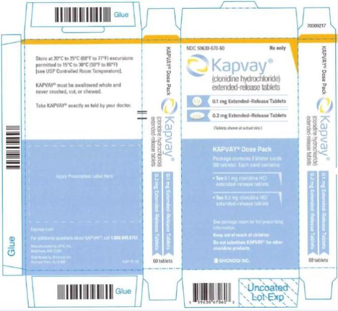 PRINCIPAL DISPLAY PANEL

NDC 59630-670-60	Rx only
Kapvay® 
(clonidine hydrochloride)
extended-release tablets 
0.1 mg Extended-Release Tablets 
0.2 mg Extended-Release Tablets 
KAPVAY Dose Pack
Package contains 3 blister cards
(60 tablets). Each card contains:
• Ten 0.1 mg clonidine HCI 
extended-release tablets
• Ten 0.2 mg clonidine HCI 
extended-release tablets
SHIONOGI INC.
