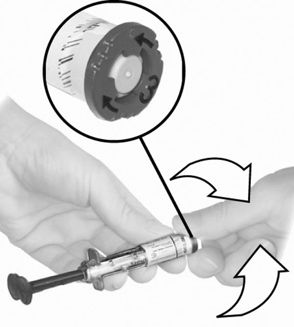 3.   Twist the luer tip cap clockwise or counterclockwise to break the tamper evident label. Remove luer tip cap and discard it. 