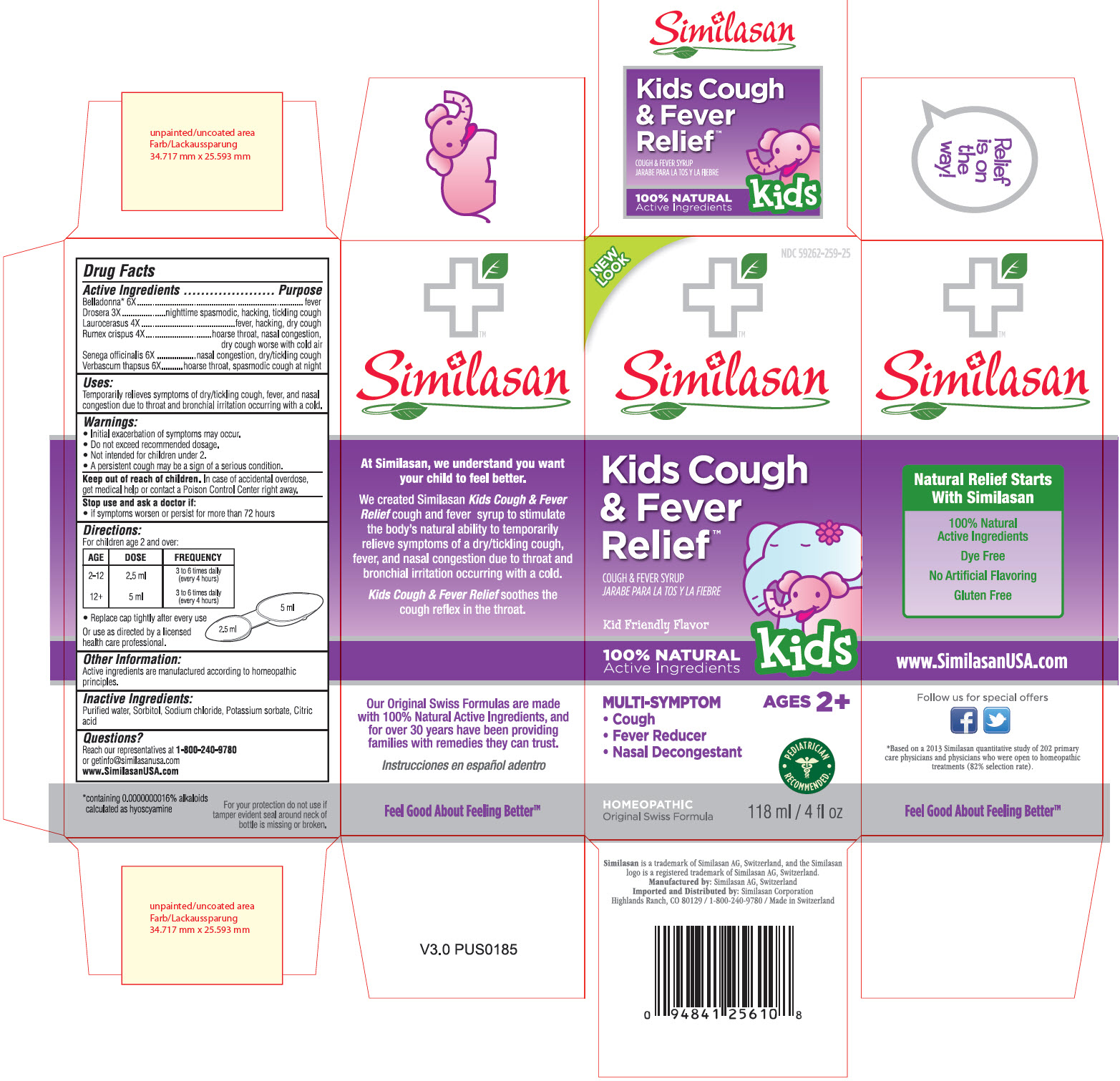 NDC 59262-259-25 Similasan Kids Cough & Fever Relief Cough & Fever Syrup 118 ml / 4fl oz