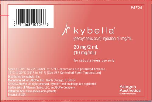 NDC: 61168-101-04
kybella®
(deoxycholic acid) injection 10 mg/mL
20 mg/2 mL
(10 mg/mL)
for subcutaneous use only

Store at 20C to 25C (68F to 77F); excursions are permitted between 
15C to 30C (59F to 86F) [See USP Controlled Room Temperature]
Distributed by: AbbVie, Inc.
Manufactured for: AbbVie, Inc. North Chicago, IL 60064
2023 AbbVie. All rights reserved. Kybella® and its design are registered
trademarks of Allergan Sales, LLC, an AbbVie Company.
Patented. See www.abbvie.com/patents.			 
Product of USA			
