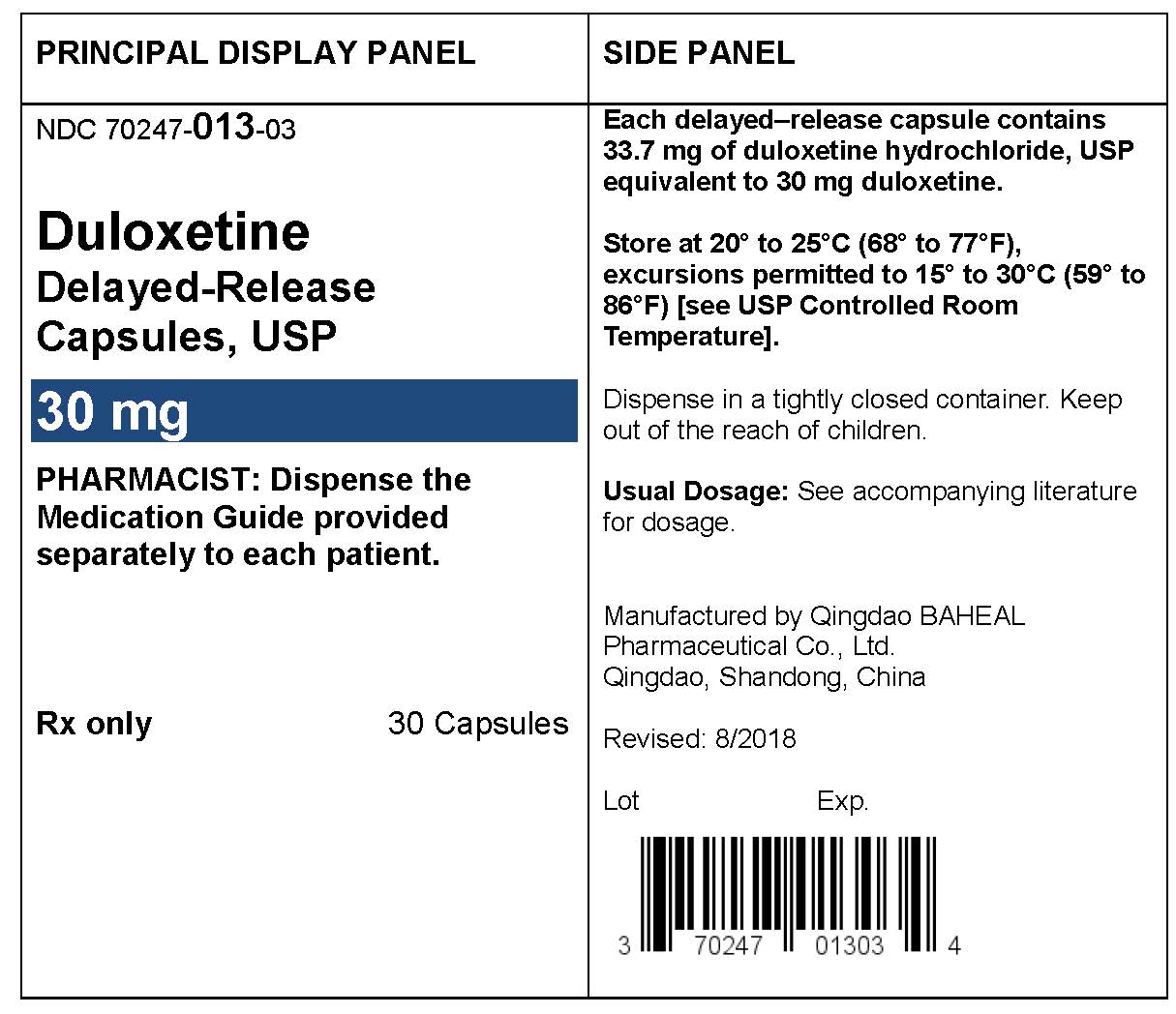 PACKAGE LABEL- Duloxetine Delayed-Release Capsules 30 mg