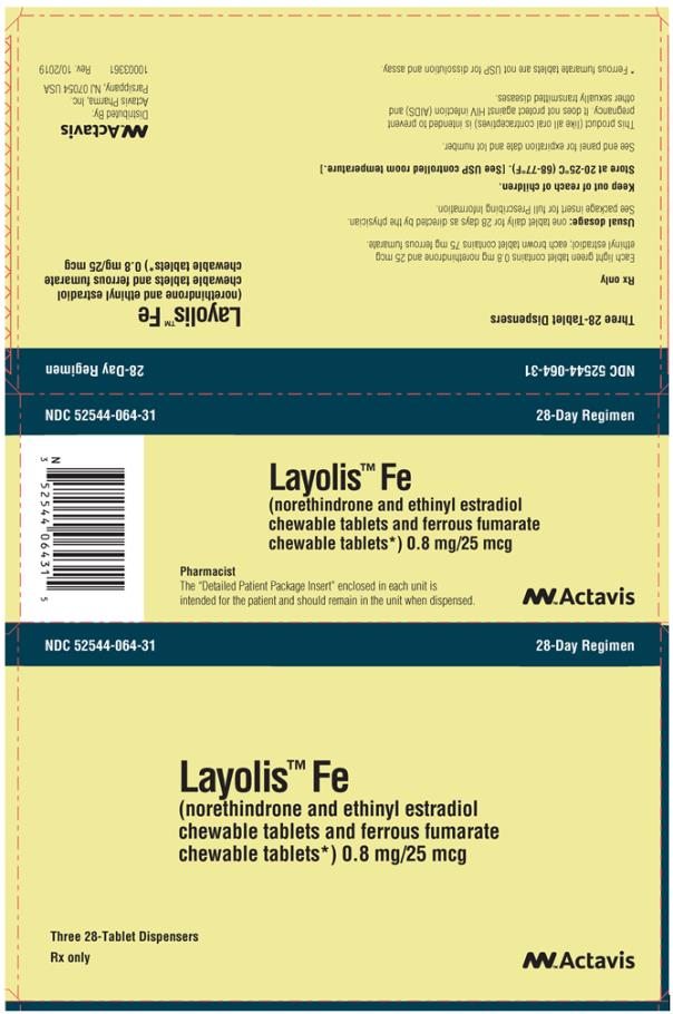 PRINCIPAL DISPLAY PANEL NDC 52544-064-31 Layolis™ Fe (norethindrone and ethinyl estradiol chewable tablets and ferrous fumarate chewable tablets) 0.8 mg/25 mcg Three 28-Tablet Dispensers Rx Only