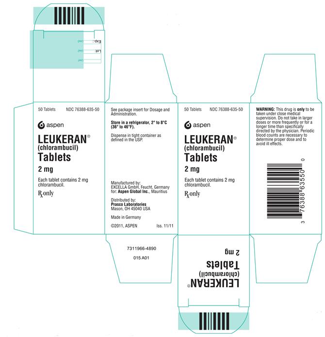 NDC 76388-635-50 LEUKERAN® (chlorambucil) Tablets 2 mg 50 Tablets Each tablet contains 2 mg chlorambucil. Rx only