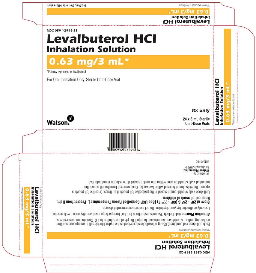 NDC 0591-2919-23 Carton Image Levalbuterol HCl Inhalation Solution 0.63 mg/3 mL* *Potency expressed as levalbuterol