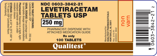 This is the label for Levetiracetam Tablets 250 mg 100 count.