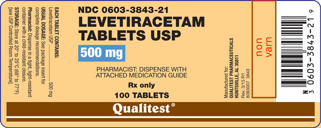 This is the label for Levetiracetam Tablets 500 mg 100 count.
