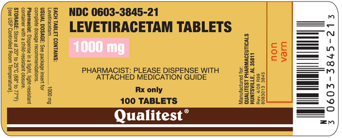 This is am image of the 100 count label for Levetiracetam Tablets 1000 mg.
