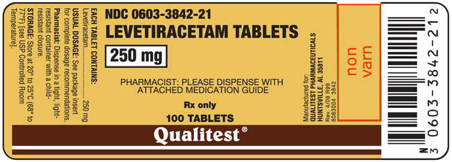 This is am image of the 100 count label for Levetiracetam Tablets 250 mg.
