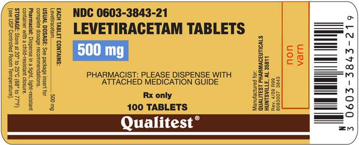 This is am image of the 100 count label for Levetiracetam Tablets 500 mg.