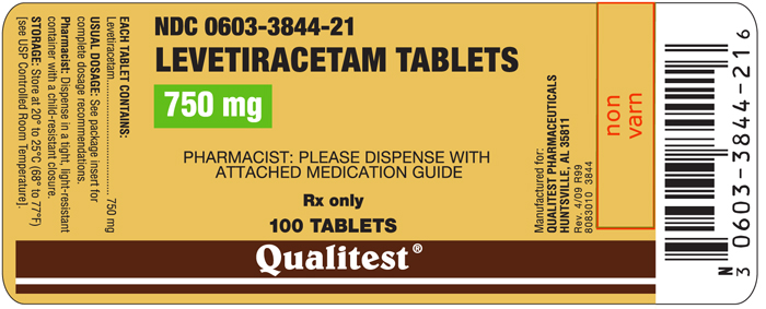 This is am image of the 100 count label for Levetiracetam Tablets 750 mg.
