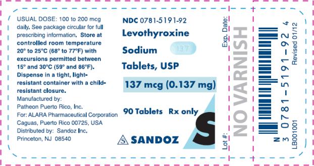 PRINCIPAL DISPLAY PANEL NDC 0781-5187-92 Levothyroxine Sodium Tablets, USP 150 mcg (0.150 mg) 90 Tablets Rx only SANZOZ