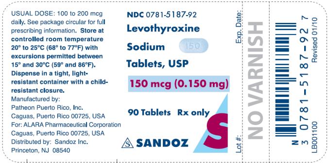 PRINCIPAL DISPLAY PANEL NDC 0781-5187-92 Levothyroxine Sodium Tablets, USP 150 mcg (0.150 mg) 90 Tablets Rx only SANZOZ