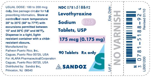PRINCIPAL DISPLAY PANEL NDC 0781-5188-92 Levothyroxine Sodium Tablets, USP 175 mcg (0.175 mg) 90 Tablets Rx only SANZOZ