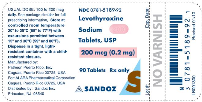 PRINCIPAL DISPLAY PANEL NDC 0781-5189-92 Levothyroxine Sodium Tablets, USP 200 mcg (0.2 mg) 90 Tablets Rx only SANZOZ