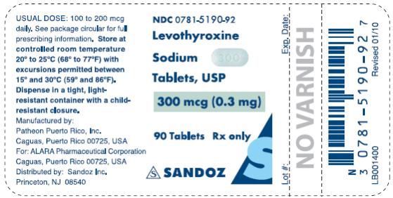 PRINCIPAL DISPLAY PANEL NDC 0781-5190-92 Levothyroxine Sodium Tablets, USP 300 mcg (0.3 mg) 90 Tablets Rx only SANZOZ