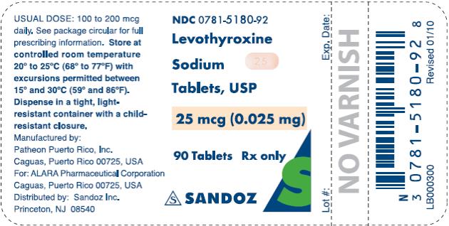 PRINCIPAL DISPLAY PANEL NDC 0781-5180-92 Levothyroxine Sodium Tablets, USP 25 mcg (0.025 mg) 90 Tablets Rx only SANZOZ