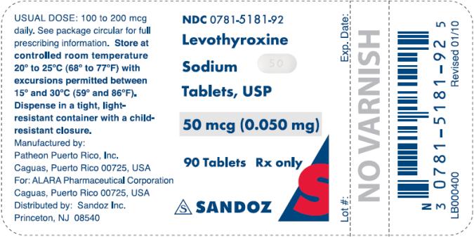 PRINCIPAL DISPLAY PANEL NDC 0781-5181-92 Levothyroxine Sodium Tablets, USP 50 mcg (0.050 mg) 90 Tablets Rx only SANZOZ