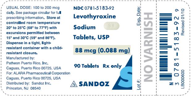 PRINCIPAL DISPLAY PANEL NDC 0781-5183-92 Levothyroxine Sodium Tablets, USP 88 mcg (0.088 mg) 90 Tablets Rx only SANZOZ