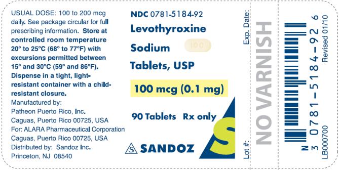 PRINCIPAL DISPLAY PANEL NDC 0781-5184-92 Levothyroxine Sodium Tablets, USP 100 mcg (0.1 mg) 90 Tablets Rx only SANZOZ