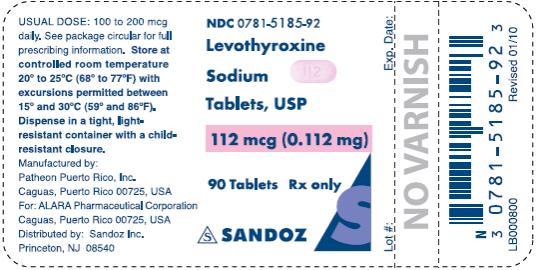 PRINCIPAL DISPLAY PANEL NDC 0781-5185-92 Levothyroxine Sodium Tablets, USP 112 mcg (0.112 mg) 90 Tablets Rx only SANZOZ