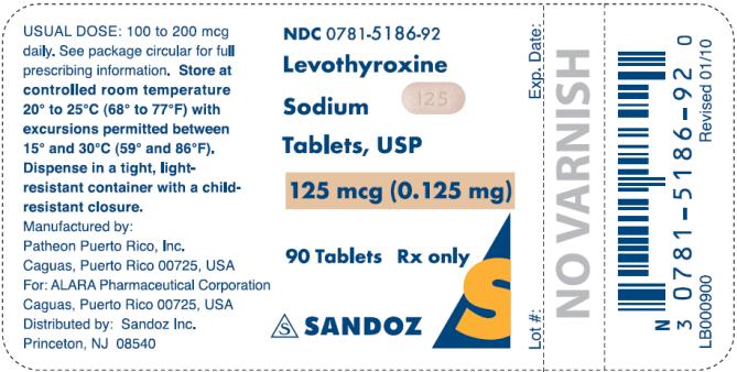 PRINCIPAL DISPLAY PANEL NDC 0781-5186-92 Levothyroxine Sodium Tablets, USP 125 mcg (0.125 mg) 90 Tablets Rx only SANZOZ