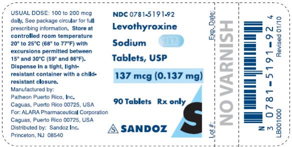 PRINCIPAL DISPLAY PANEL NDC 0781-5191-92 Levothyroxine Sodium Tablets, USP 137 mcg (0.137 mg) 90 Tablets Rx only SANZOZ