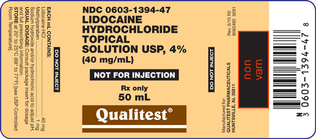 This is an image of the Lidocaine Hydrochloride Topical Solution USP, 4% 50 mL label.