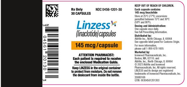 NDC 0456-1201-30
Rx Only
30 CAPSULES
Linzess
(linaclotide) capsules
145 mcg/capsule

